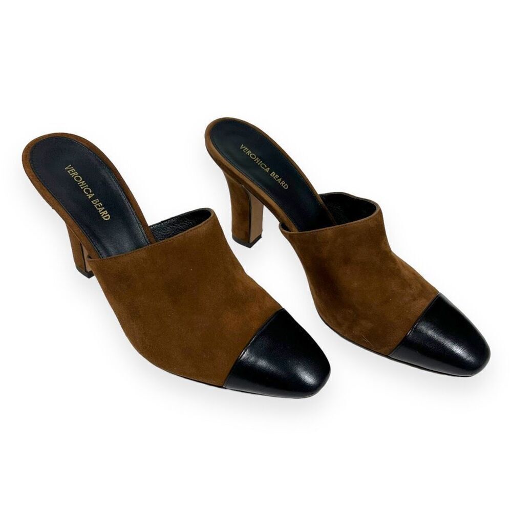 Veronica Beard Carlotta Toe Suede Mules Mixed Media Heel Camel Black Size 9 - Picture 3 of 8